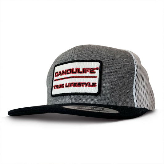 Vintage Patch Trucker Cap — Black (Flat Visor)